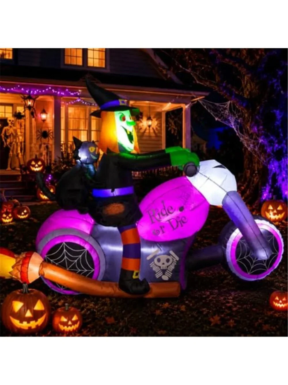 7FT Gaint Halloween Inflatables Witch on Motorcycle with Black Cat,Blow Up